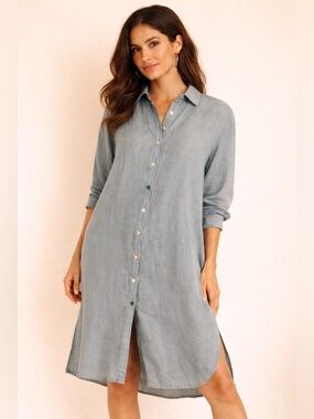 Mia Zia Linen Shirt Dress Oversized Covered Buttons Quiet Luxury Sz L